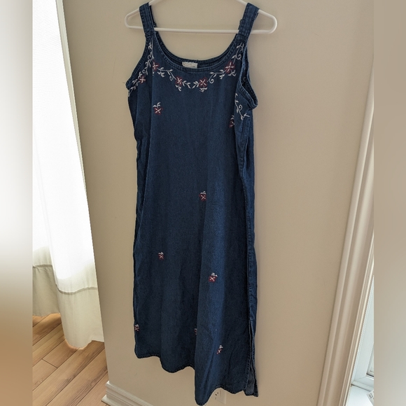 Vintage Cotton Chambray Denim Maxi Sleeveless Dress Artsy Embroidered Size XL - Picture 3 of 7